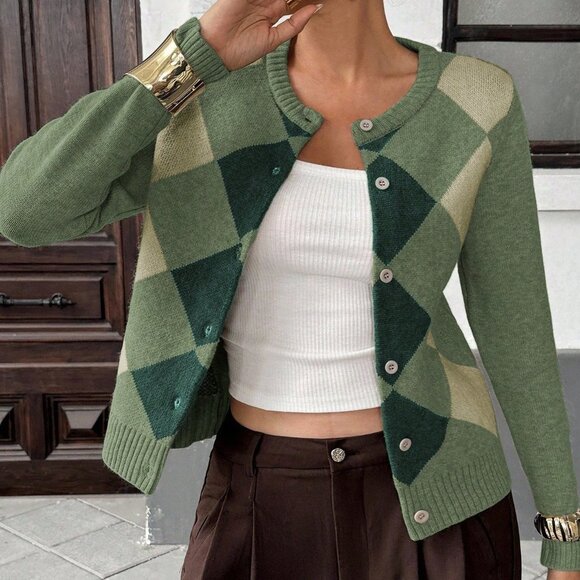 Multicolor Casual Women's Plaid Knitted Cardigan - Picture 3 of 6